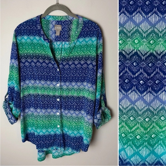 Chico's Tops - Chico's Blouse Size 2 (Large, 12) Top Shirt 3/4 Roll-Tab Sleeves V-Neck Button